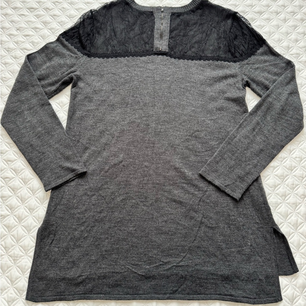 Nicole Richie Charcoal Gray Black Lace Yoke Zip Back Knit Tunic Sweater Sz L - Picture 8 of 15